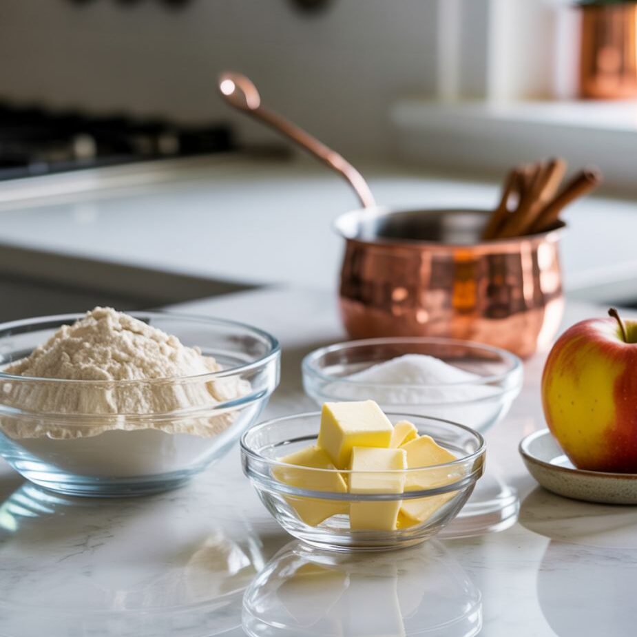 Ingredients for apple pie recipe neatly arranged in glass bowls on a white marble countertop.