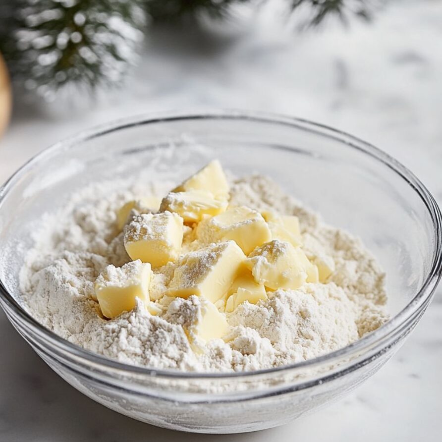 Making homemade pie crust with butter and flour in a glass bowl on a clean marble countertop.