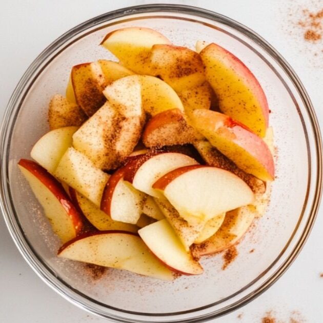 Apple slices with sugar and cinnamon mixed in glass bowls on a white marble countertop.