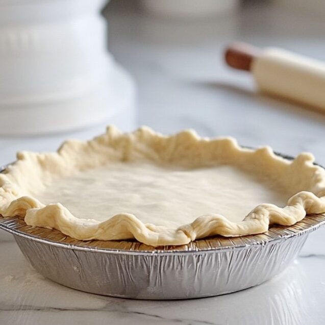 Rolling out homemade pie crust on a clean white marble kitchen countertop.