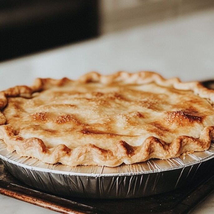 Apple pie baking in the oven with a golden crust, set in a clean kitchen.