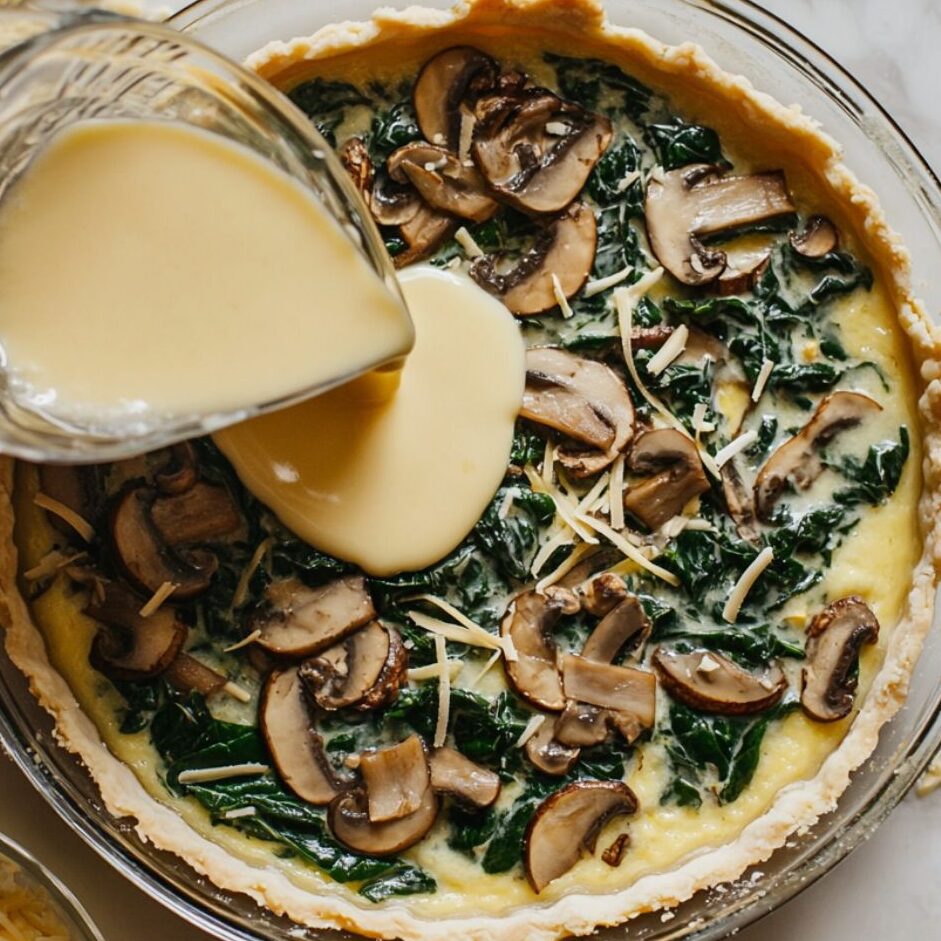 Spinach and mushroom quiche being assembled with custard poured in and cheese on top