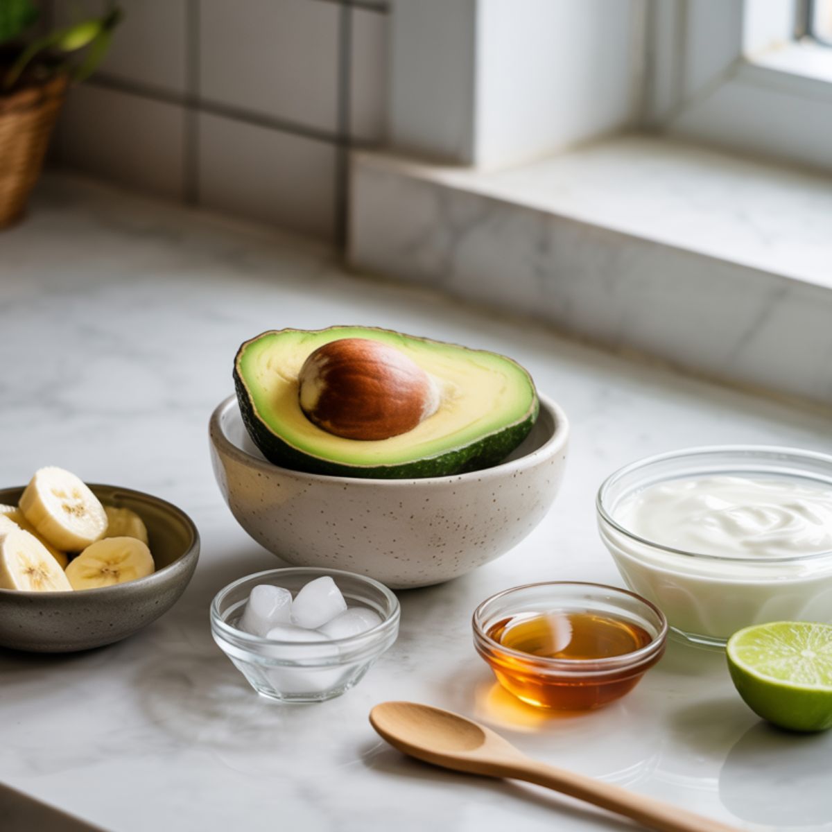 Fresh ingredients for making an avocado smoothie, laid out on a kitchen counter