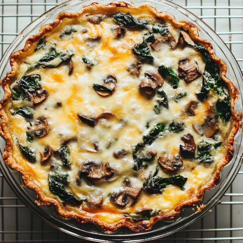 Baked spinach and mushroom quiche cooling on a rack on white marble counter

