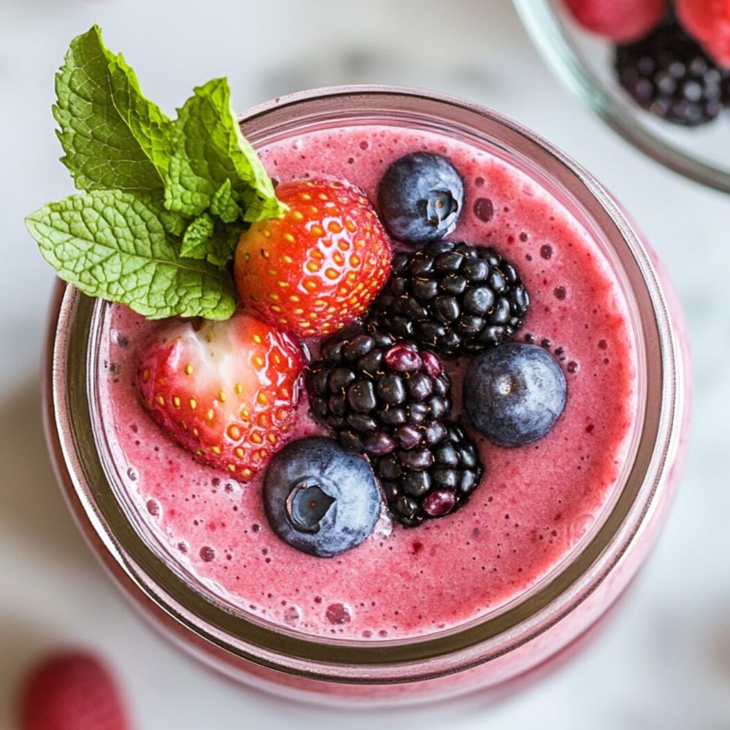 Fresh berry smoothie recipe served in a glass jar with mixed berries, banana slices, and Greek yogurt on a white marble kitchen counter.