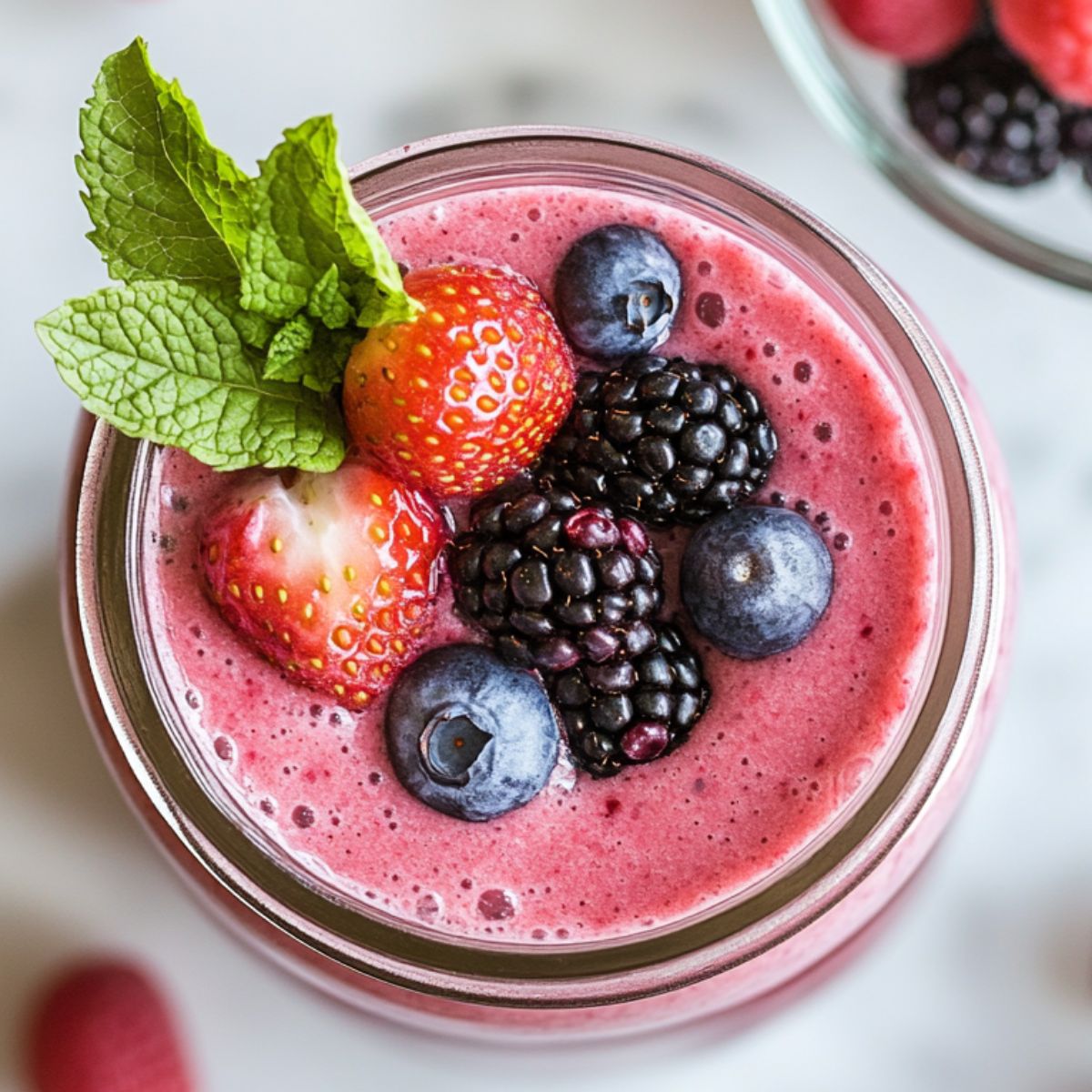 Serving a fresh berry smoothie recipe in a glass jar with berries and mint garnish on a clean white marble kitchen counter.