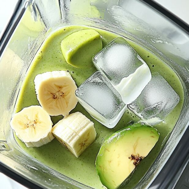Blending avocado smoothie ingredients in a kitchen blender.
