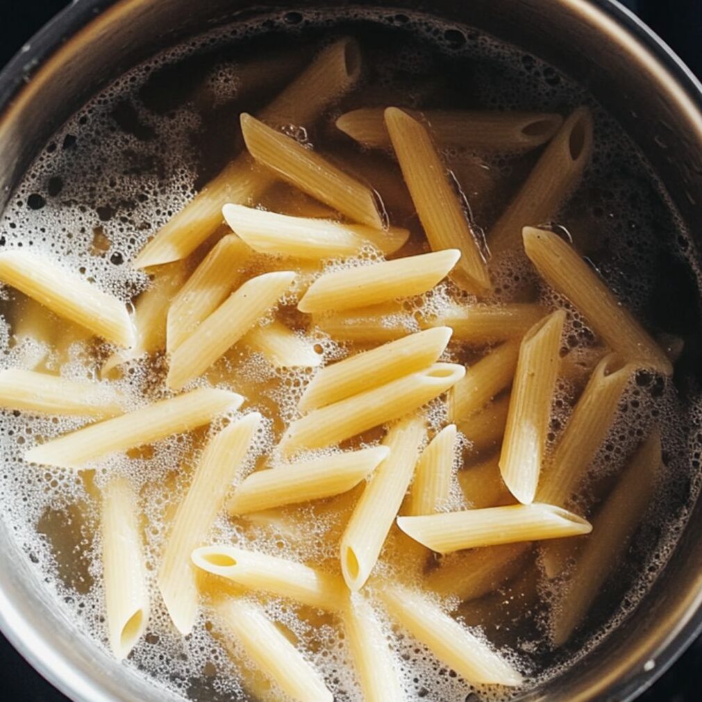 Boiling penne pasta in a pot on a marble kitchen counter