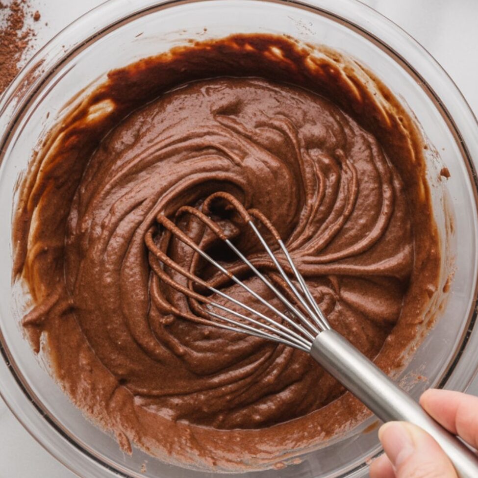 Chocolate cupcake batter in a glass bowl on white marble