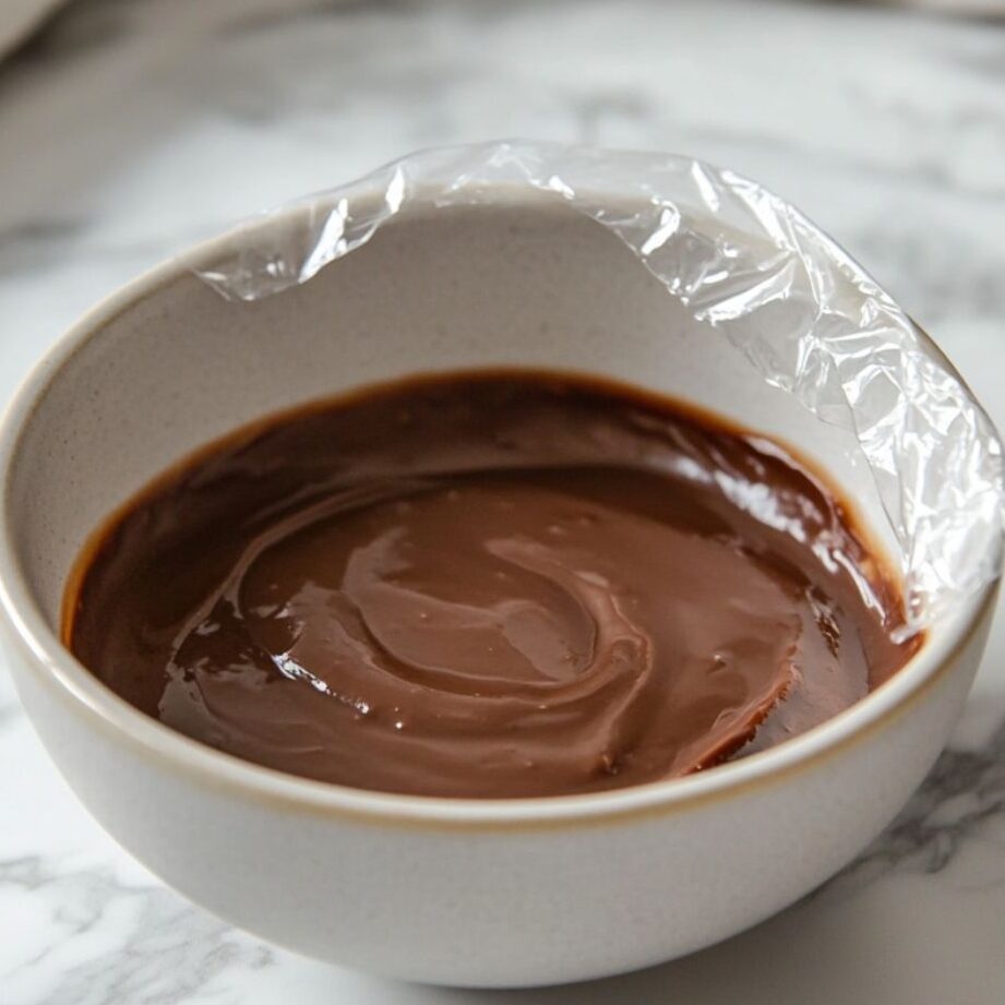 Cooling homemade chocolate pudding on a white marble counter.