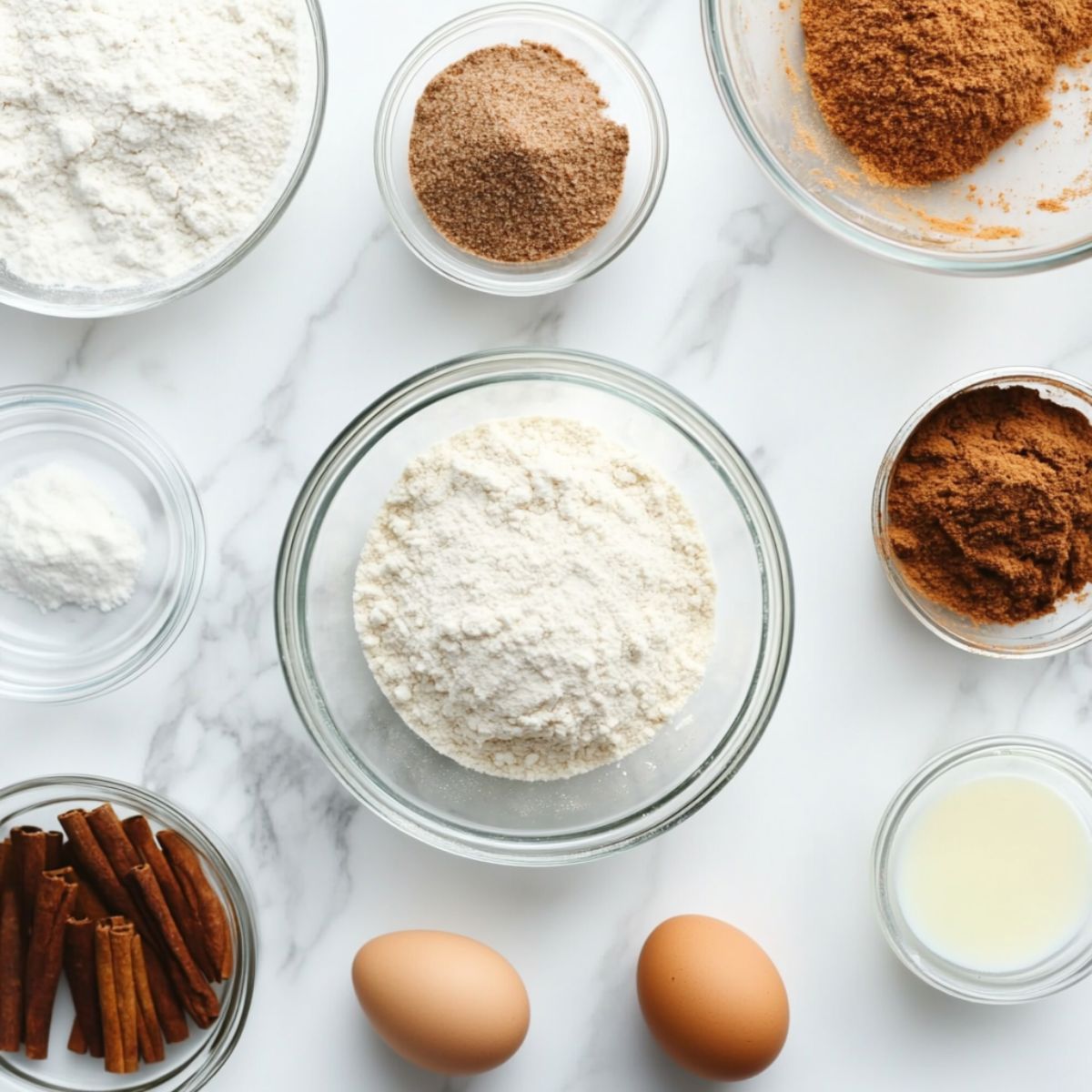 Measured cinnamon muffins recipe ingredients in clear glass bowls on a counter