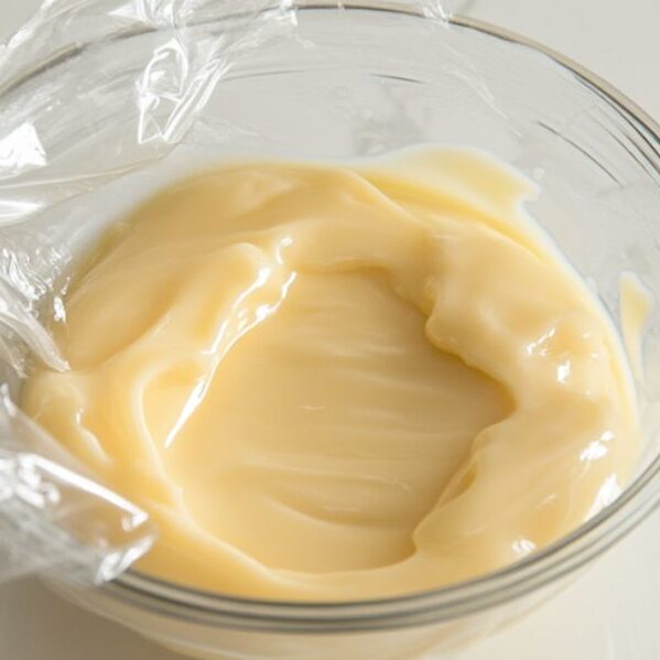 Vanilla custard cooling in glass bowl with plastic wrap