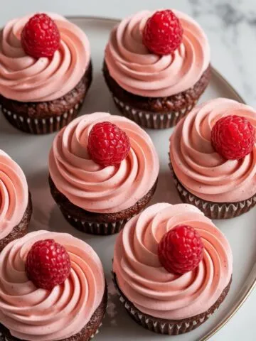 Chocolate raspberry cupcakes topped with buttercream frosting