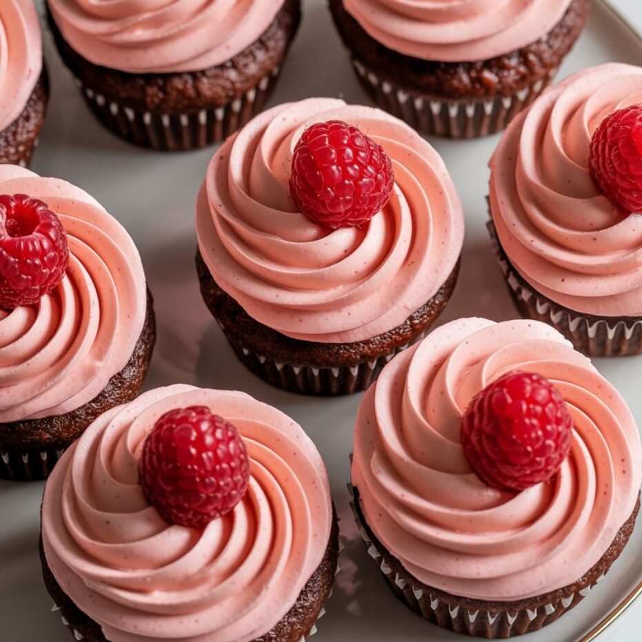 Chocolate raspberry cupcakes topped with buttercream frosting