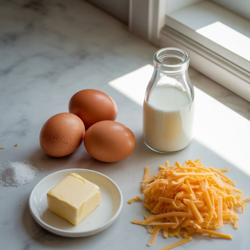 Top-down view of basic omelette recipe ingredients on a clean white marble kitchen counter.