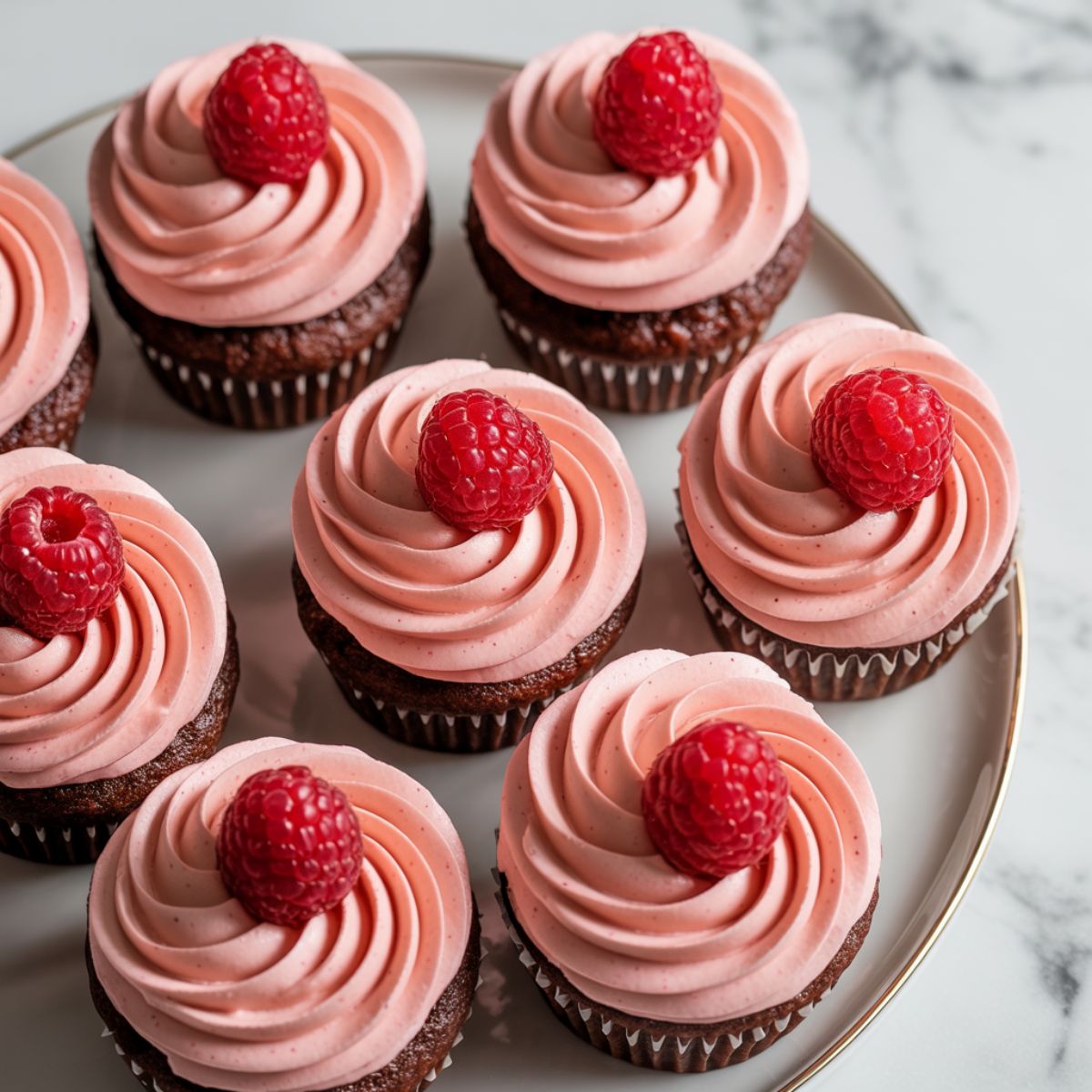 Homemade chocolate raspberry cupcakes recipe topped with raspberry buttercream on a white counter


