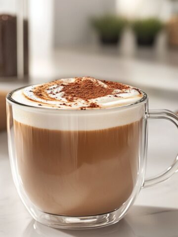 A warm mocha latte recipe with foam and cocoa powder topping on a white marble kitchen counter.