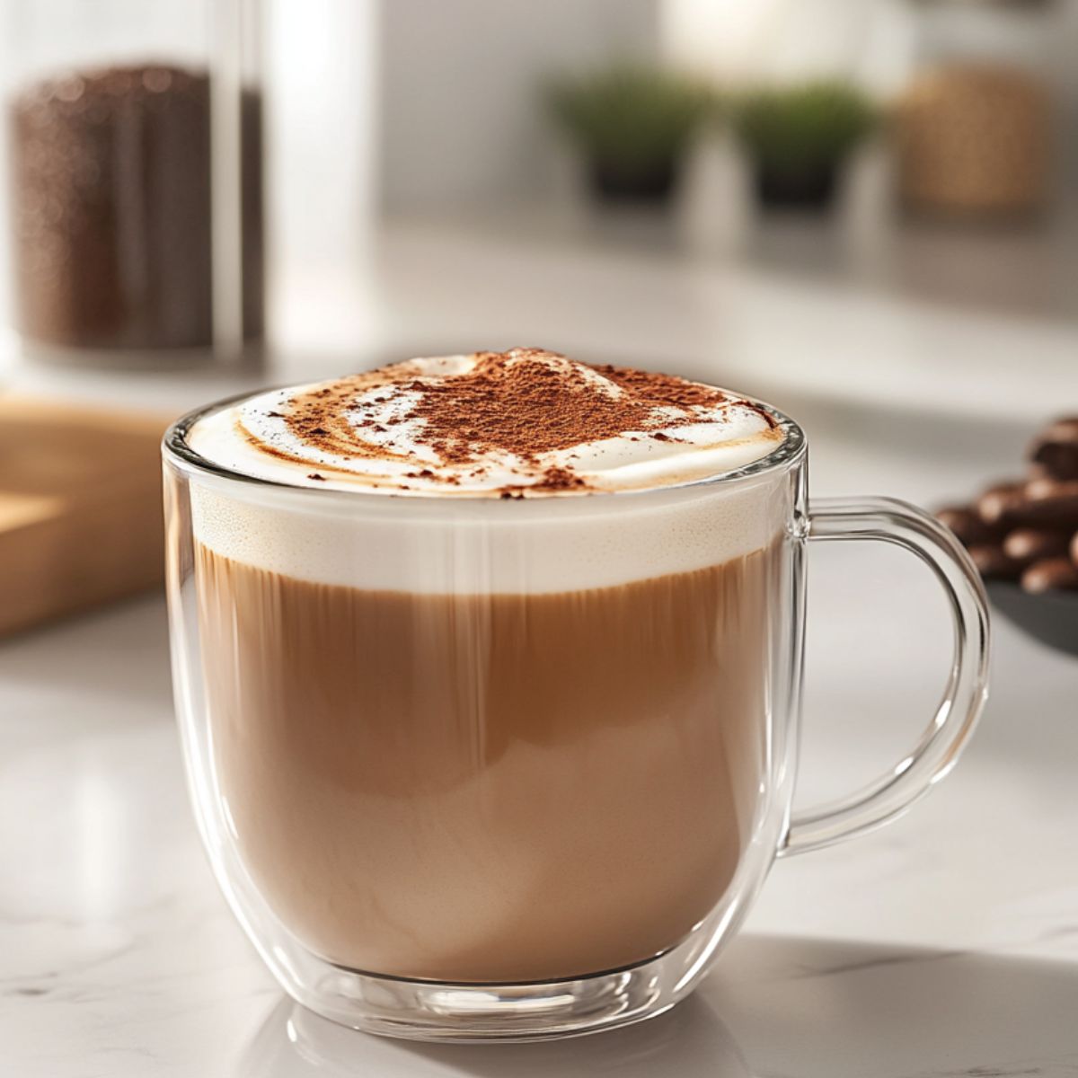 A warm mocha latte recipe with foam and cocoa powder topping on a white marble kitchen counter.