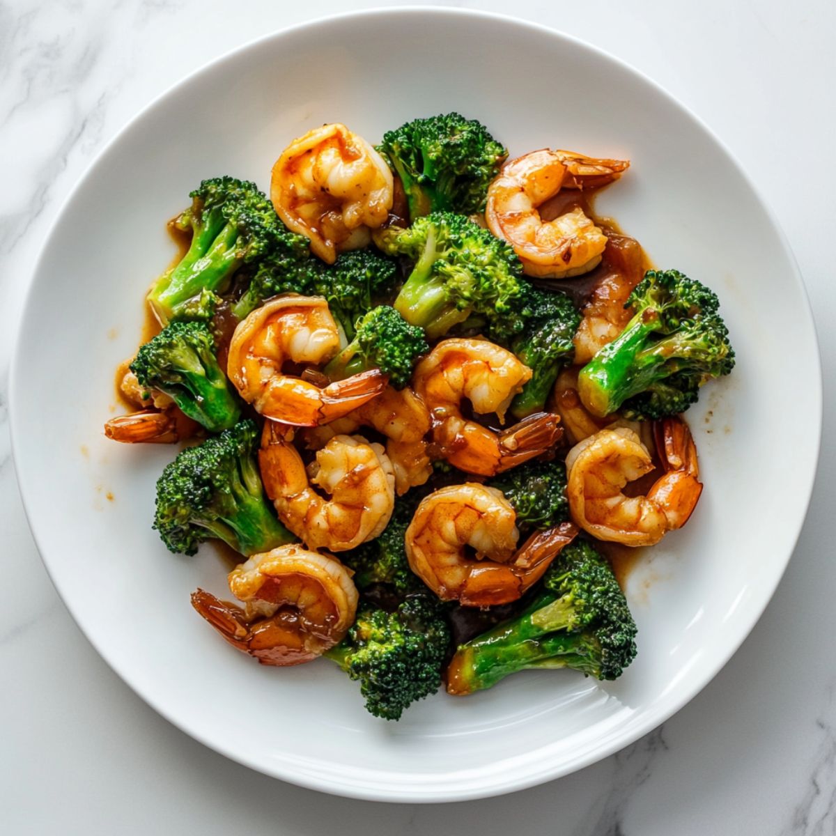 Homemade shrimp and broccoli stir fry recipe served hot on a white plate