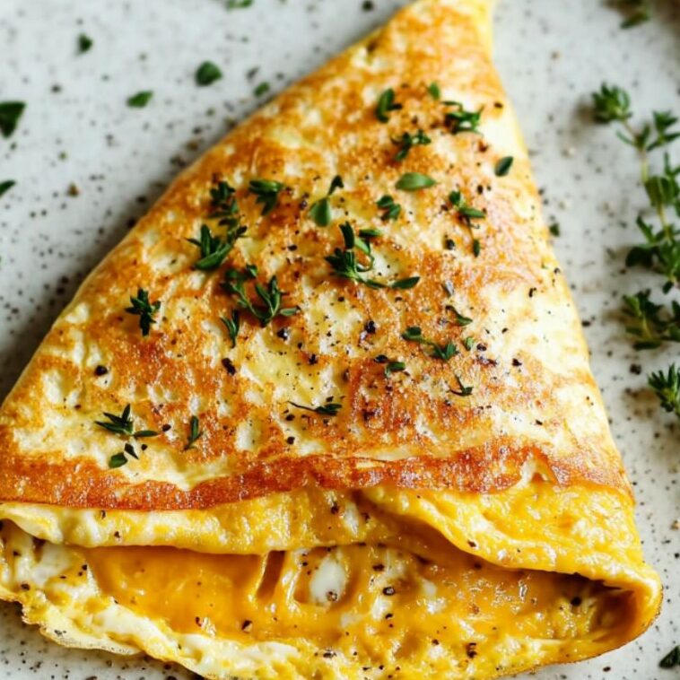 Top-down view of a fluffy omelette folded with melted cheese, served on a white marble kitchen counter