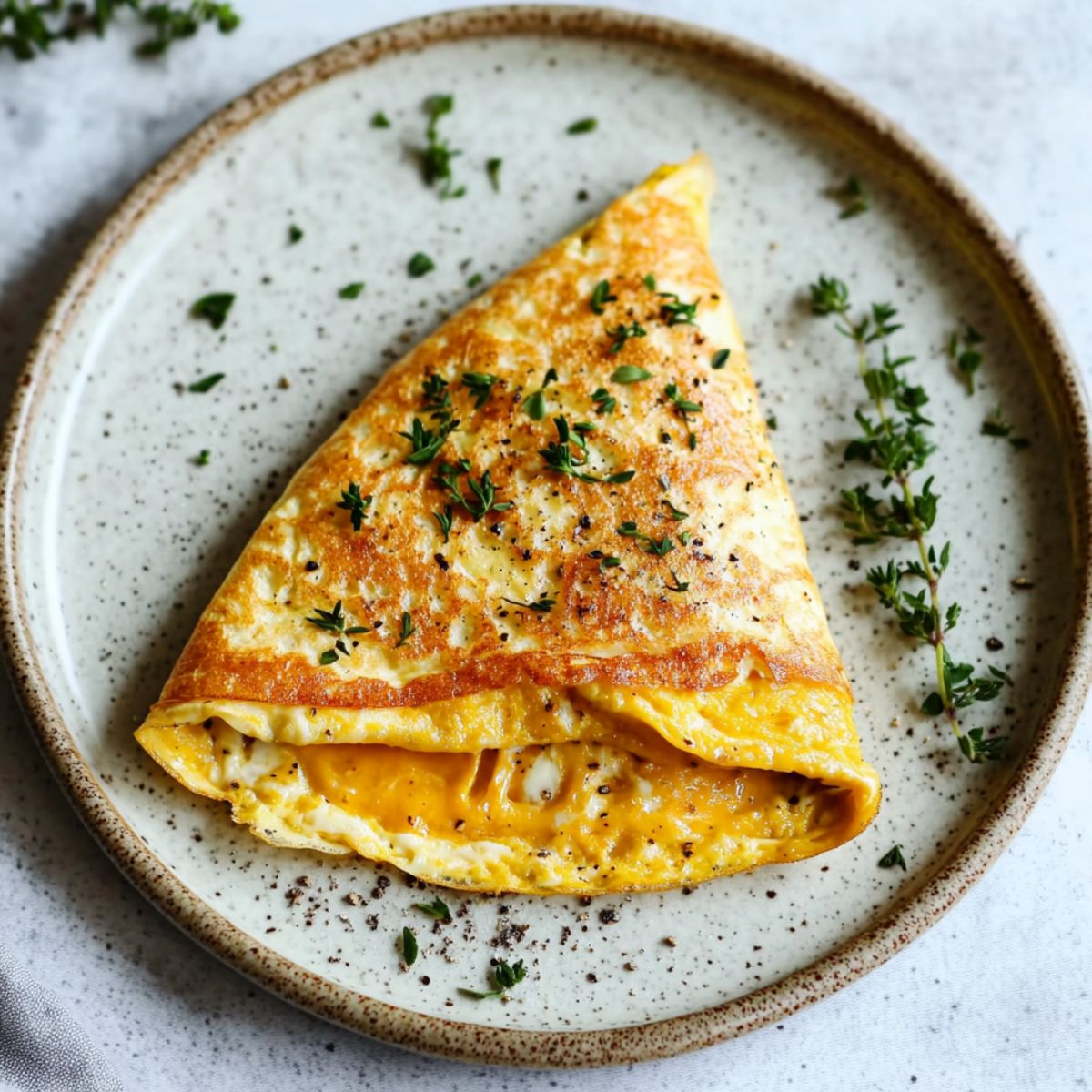 Top-down view of a fluffy omelette folded with melted cheese, served on a white marble kitchen counter