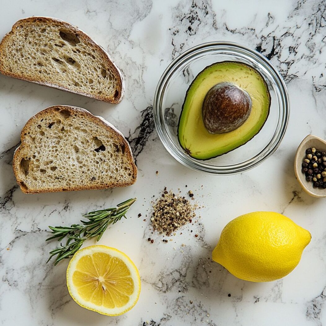 Ingredients for avocado toast recipe on kitchen counter: avocado, lemon, bread, and spices.