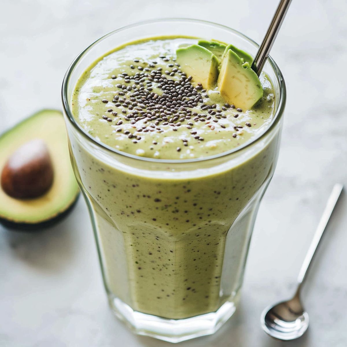 A creamy avocado smoothie recipe served in a glass on a kitchen counter with fresh ingredients.