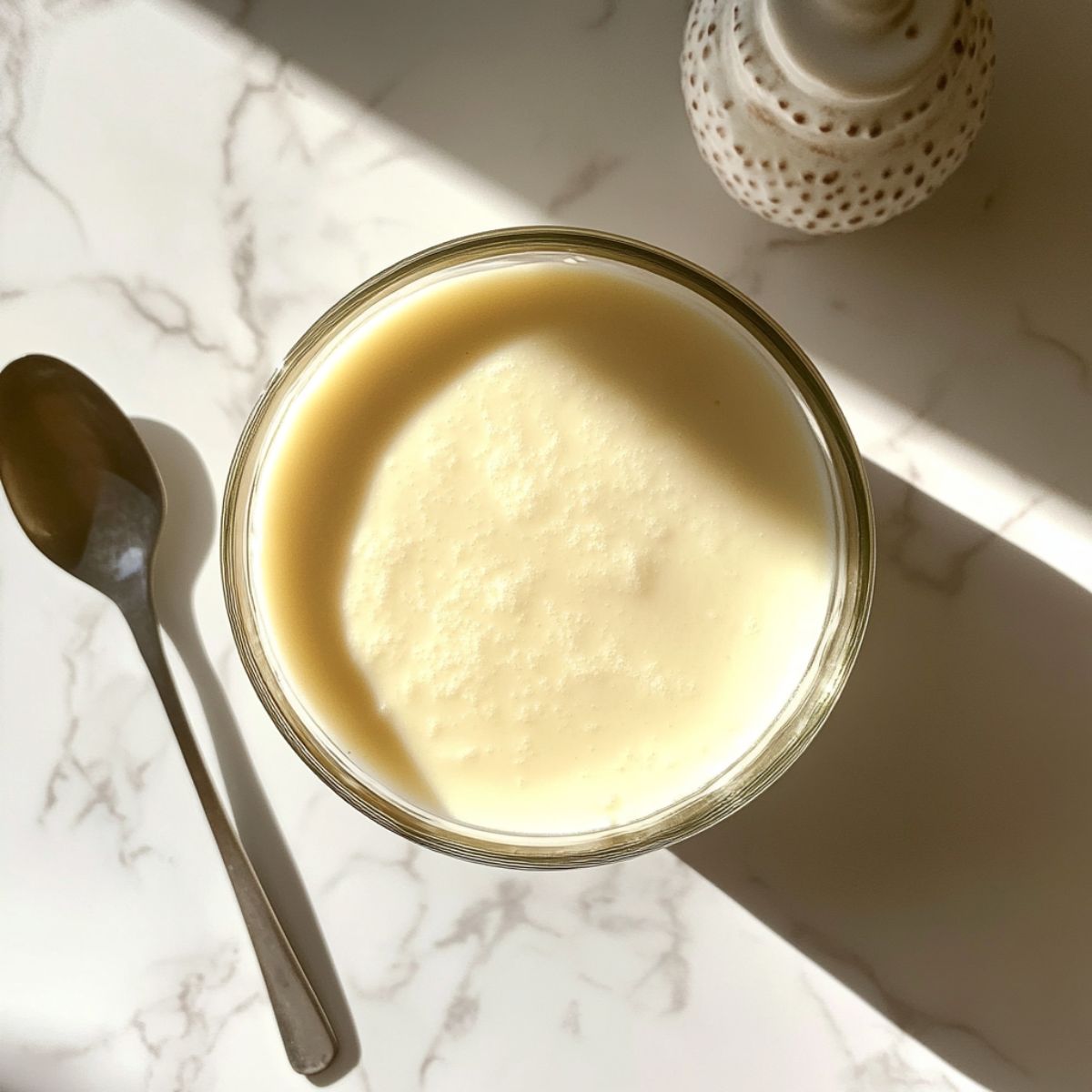 Bowl of creamy vanilla custard recipe on marble counter