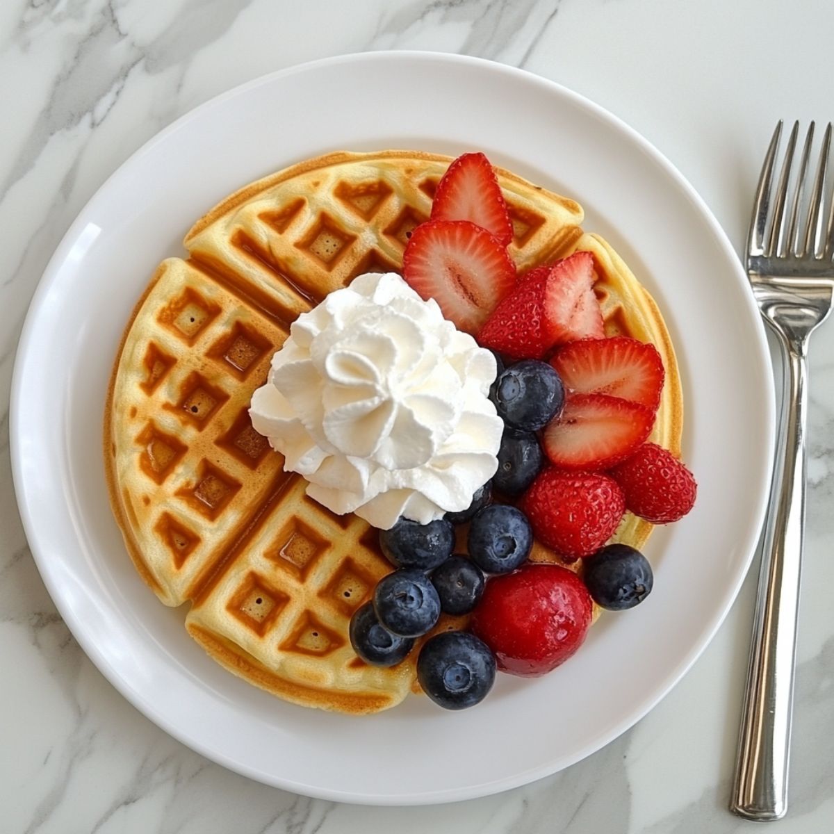 Golden homemade waffles with Fresh fruit  and whipped cream on a plate