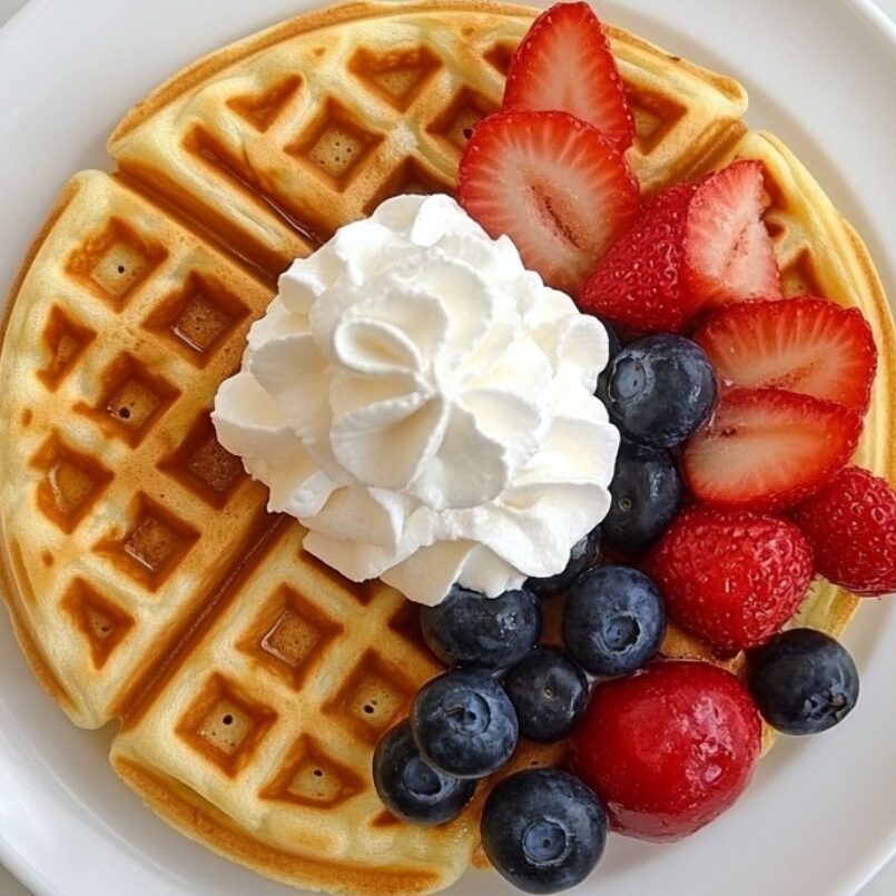 Served homemade waffles with fruit and whipped cream
