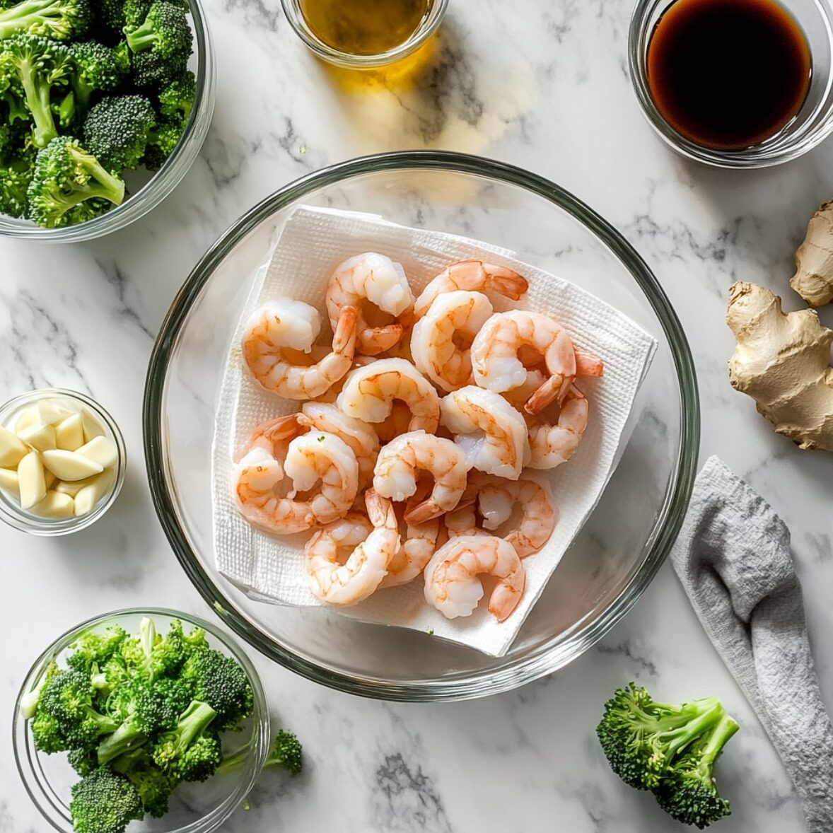 Chopped broccoli, dried shrimp, and sauce ingredients prepped on the counter