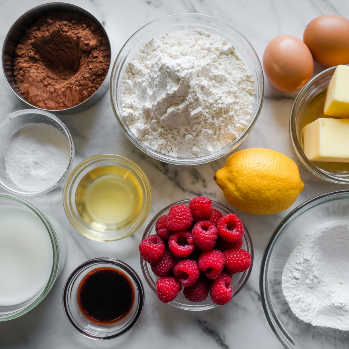 Flat lay of ingredients for chocolate raspberry cupcakes recipe on a marble counter