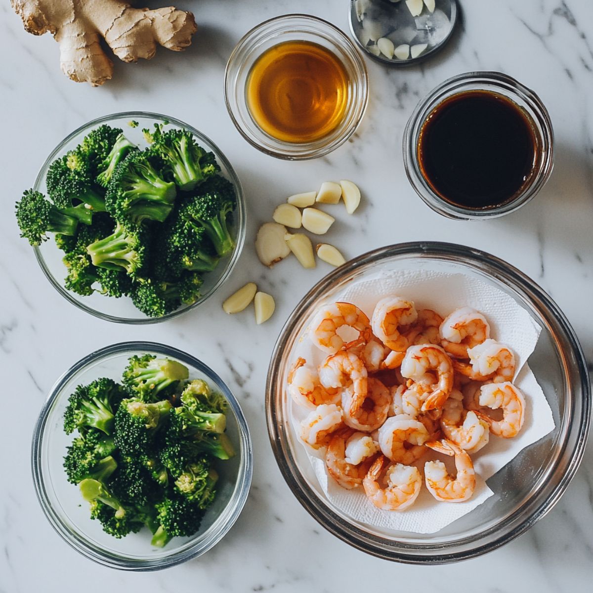 Raw shrimp, fresh broccoli, garlic, and sauce ingredients laid out on a kitchen counter

