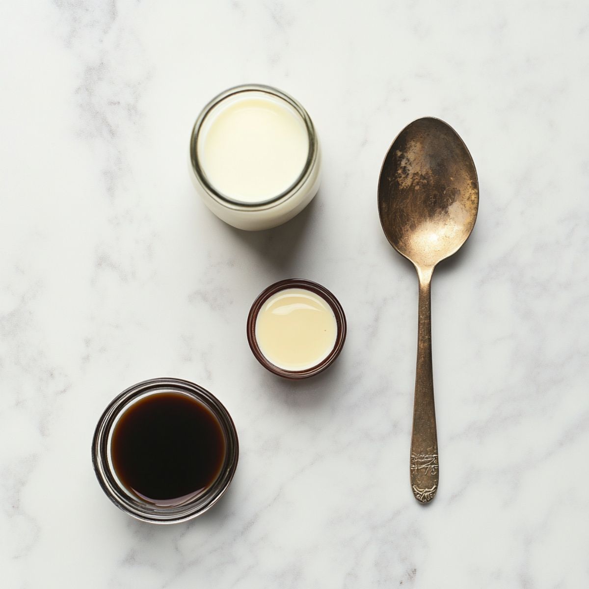 Ingredients for mocha latte recipe including chocolate syrup, whole milk, espresso, and a measuring spoon on a white marble countertop.