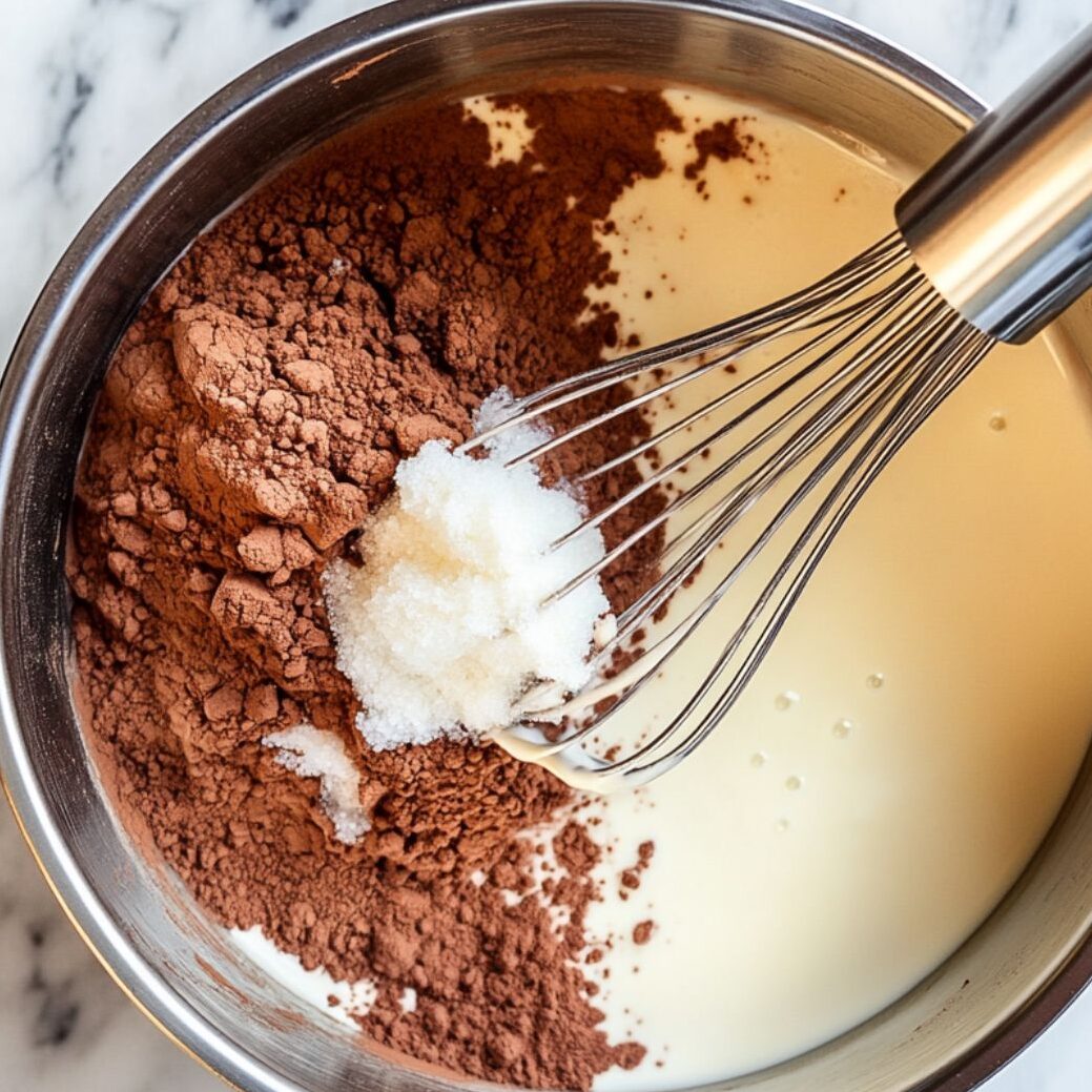 Mixing dry ingredients and liquids for homemade chocolate pudding in a saucepan.