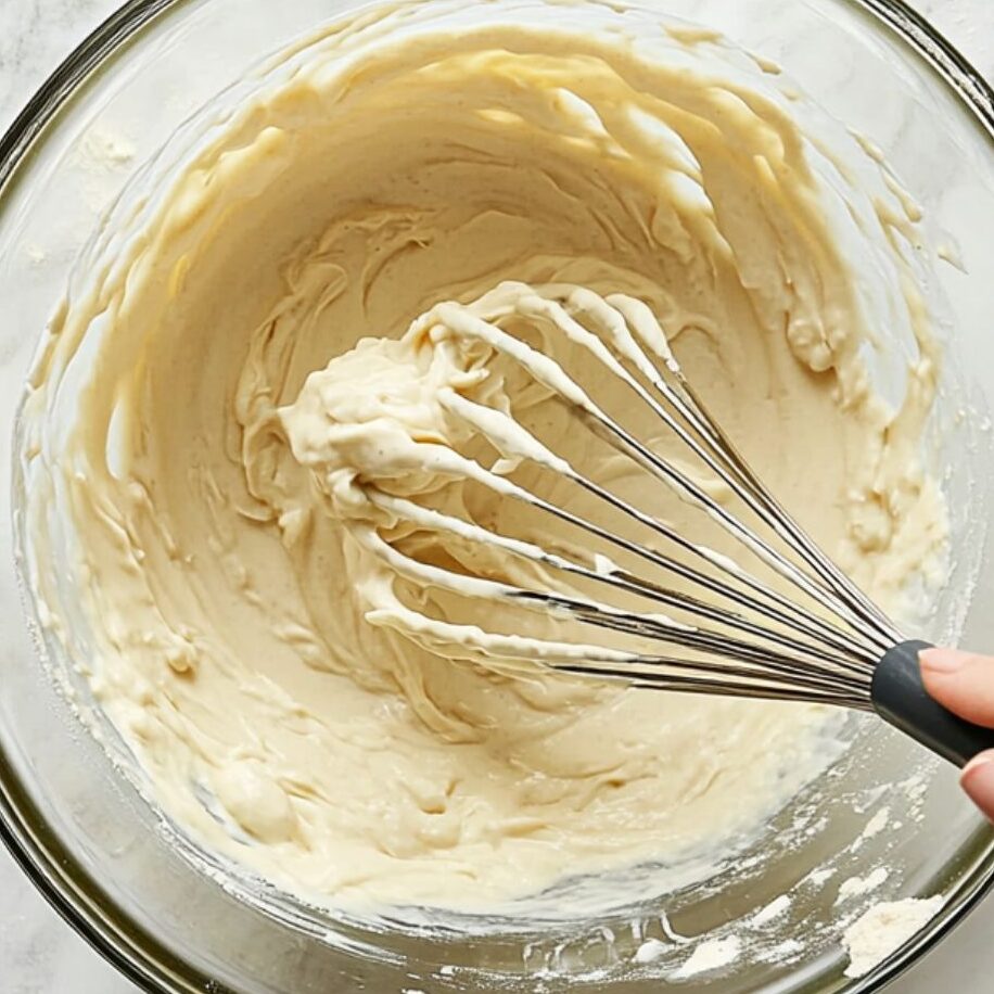 Mixing waffle batter in a glass bowl on a white kitchen counter