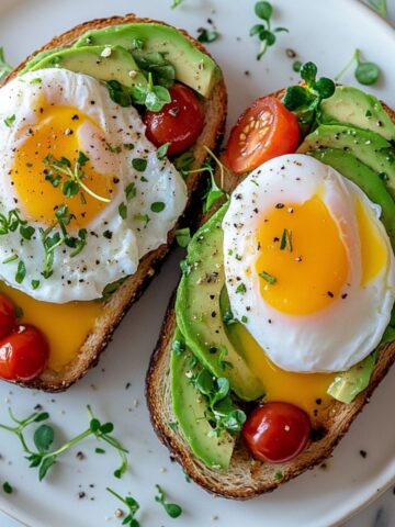 Homemade avocado toast with olive oil and pepper on rustic kitchen counter.