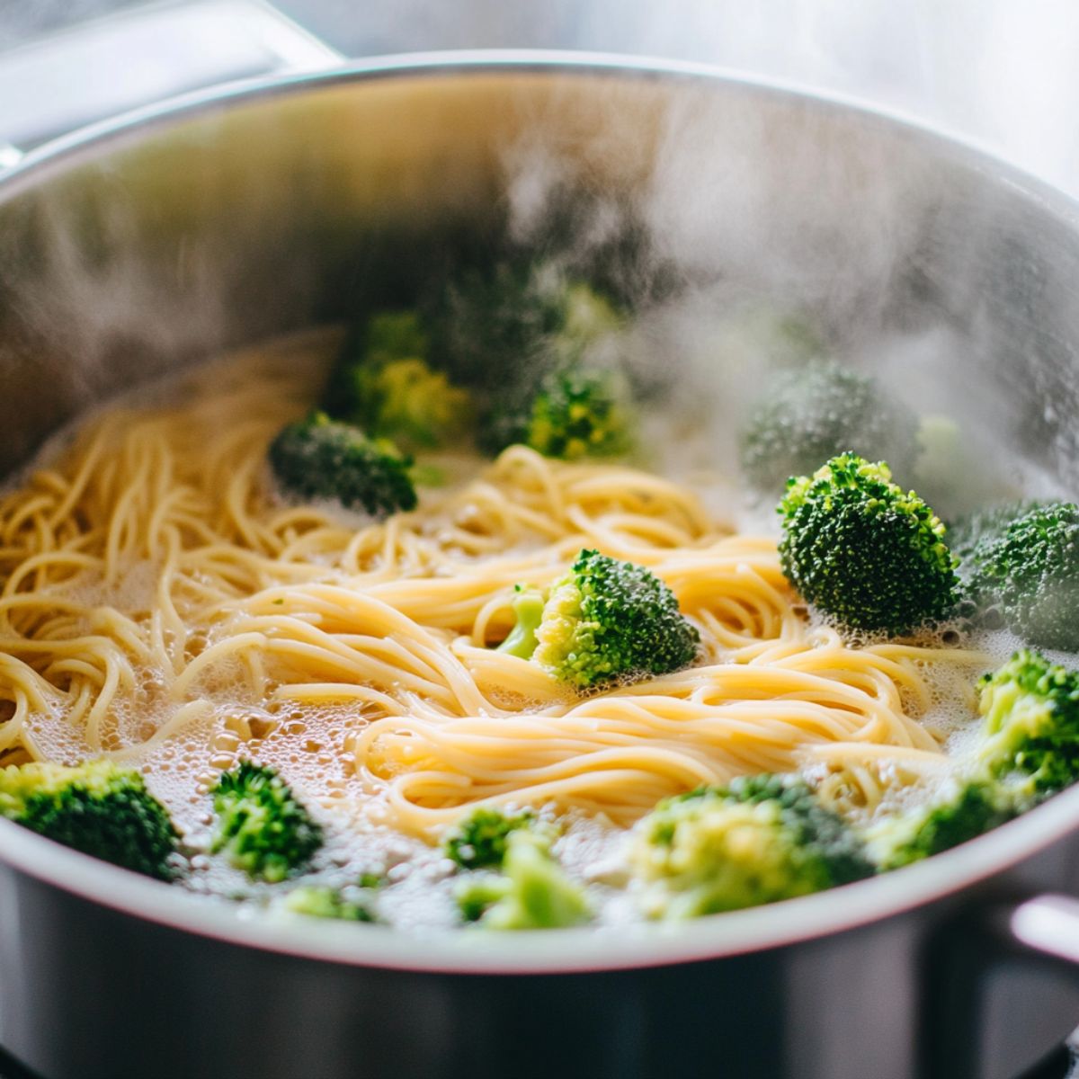 Boiling pasta and broccoli in a large pot on a white marble kitchen counter, captured with a homemade, real feel.