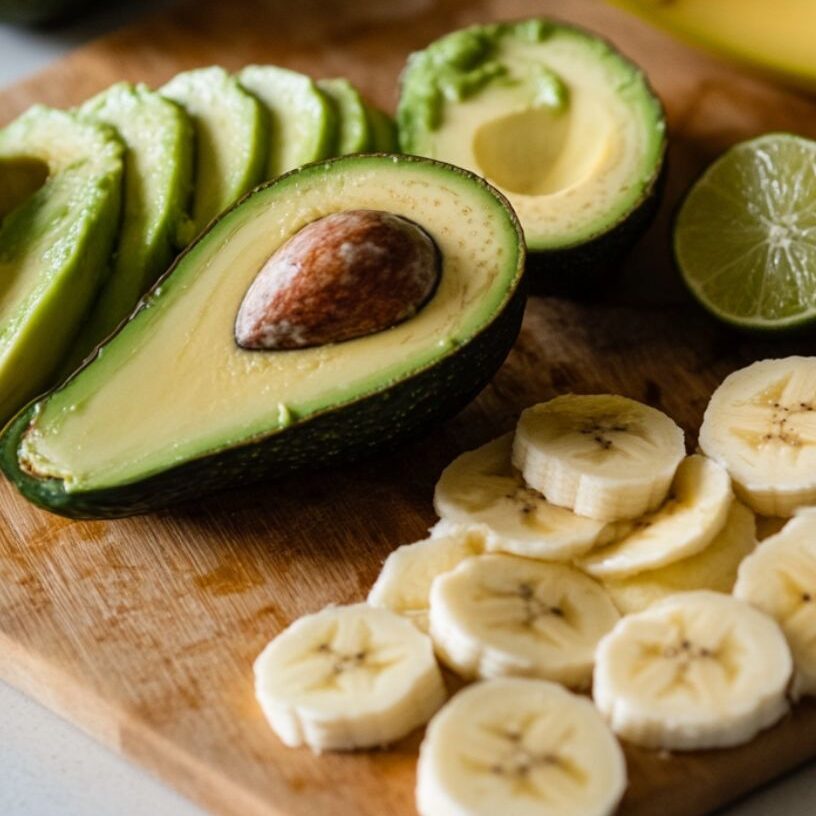 Cutting an avocado and preparing ingredients for a smoothie on a kitchen counter.