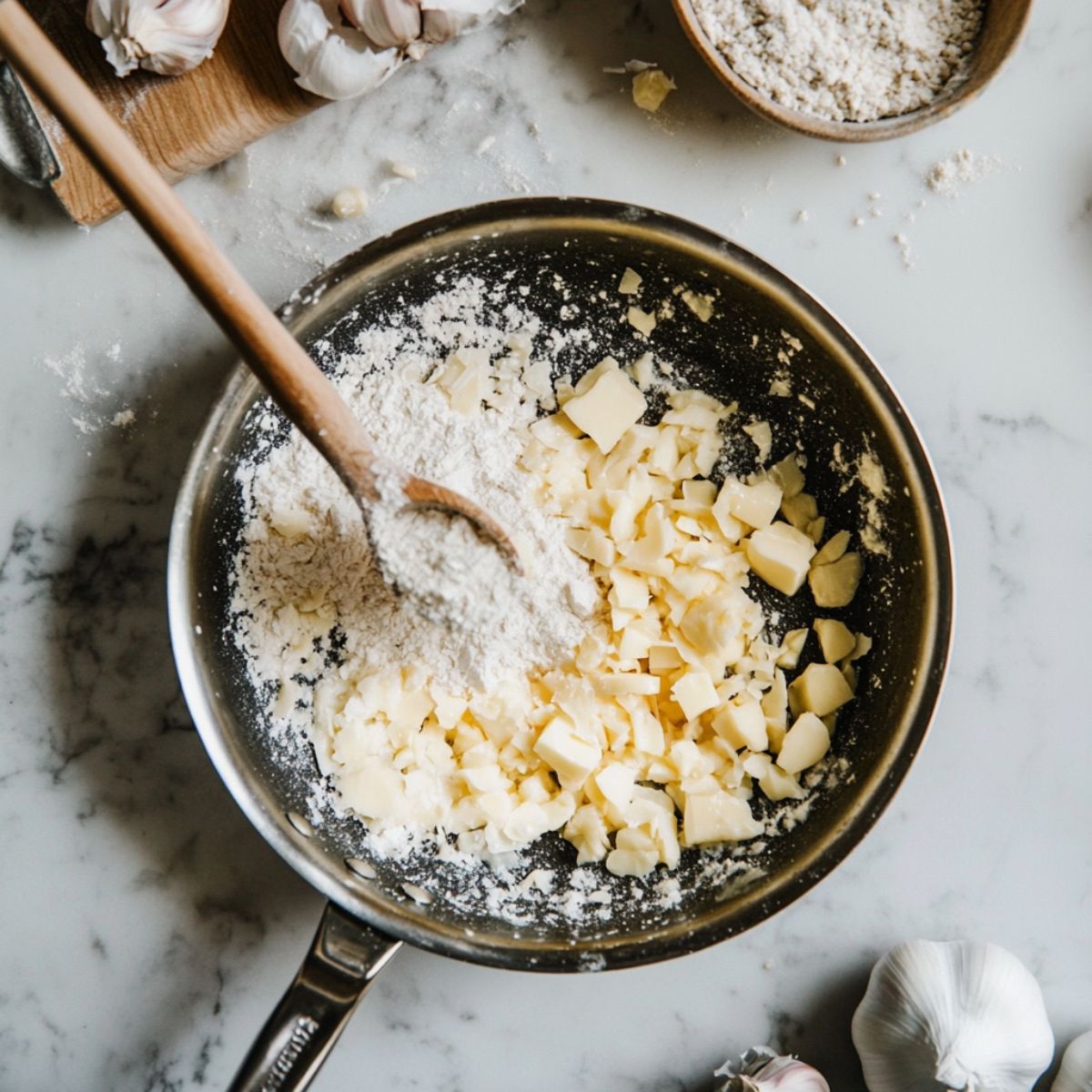 Sautéing garlic and butter in a skillet with flour being added, taken from an overhead angle on a white marble kitchen counter.