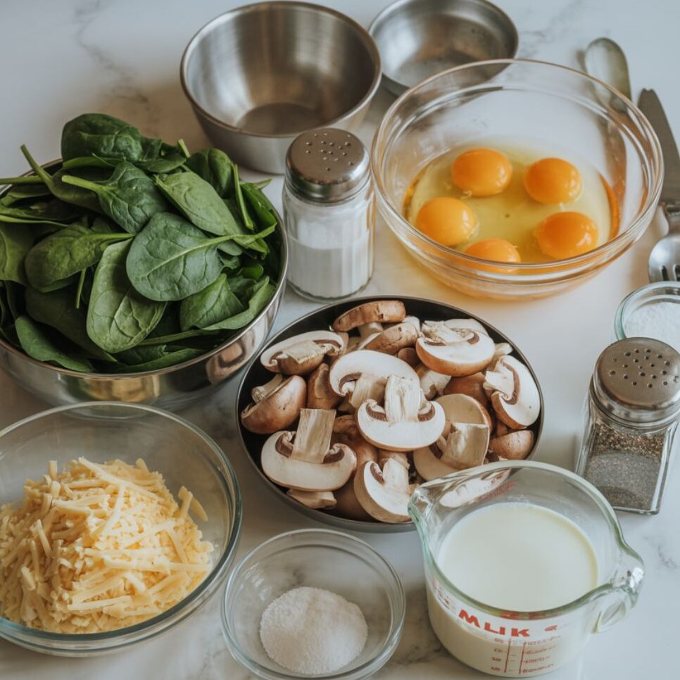 Raw ingredients for spinach and mushroom quiche recipe laid out on a white marble counter