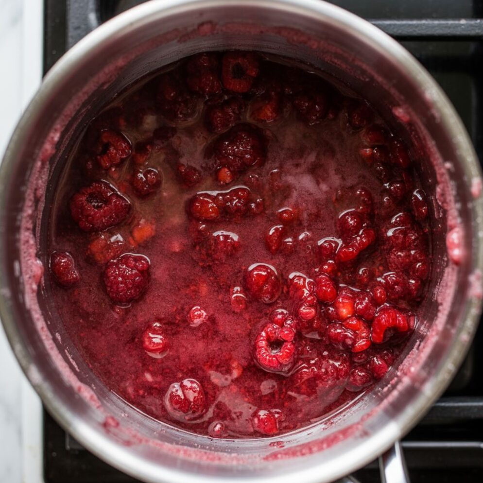 Raspberry filling cooking in a small pot for cupcakes