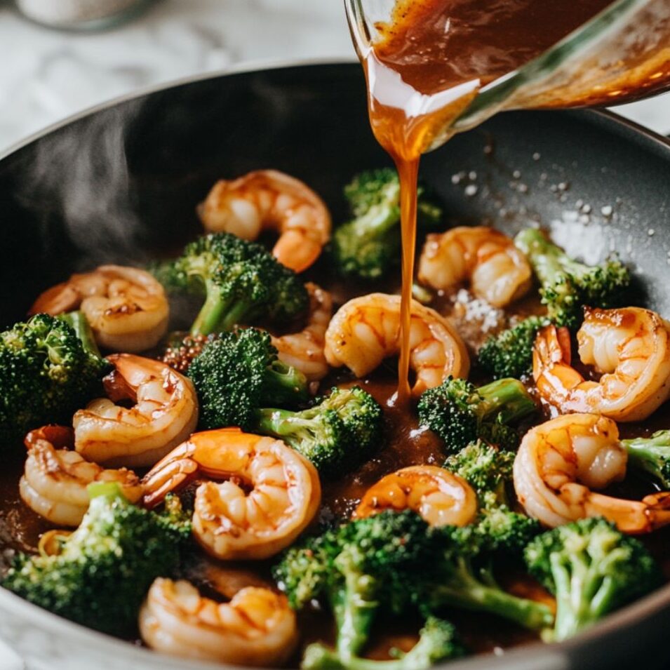 Sauce being poured over shrimp and broccoli stir fry in skillet


