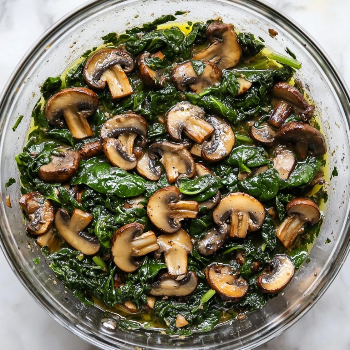 Spinach and mushrooms sautéing in a glass pan on a marble kitchen counter