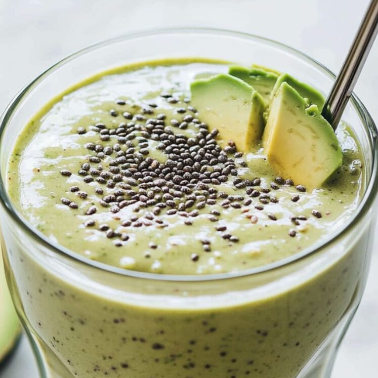 A glass of creamy avocado smoothie served on a kitchen counter