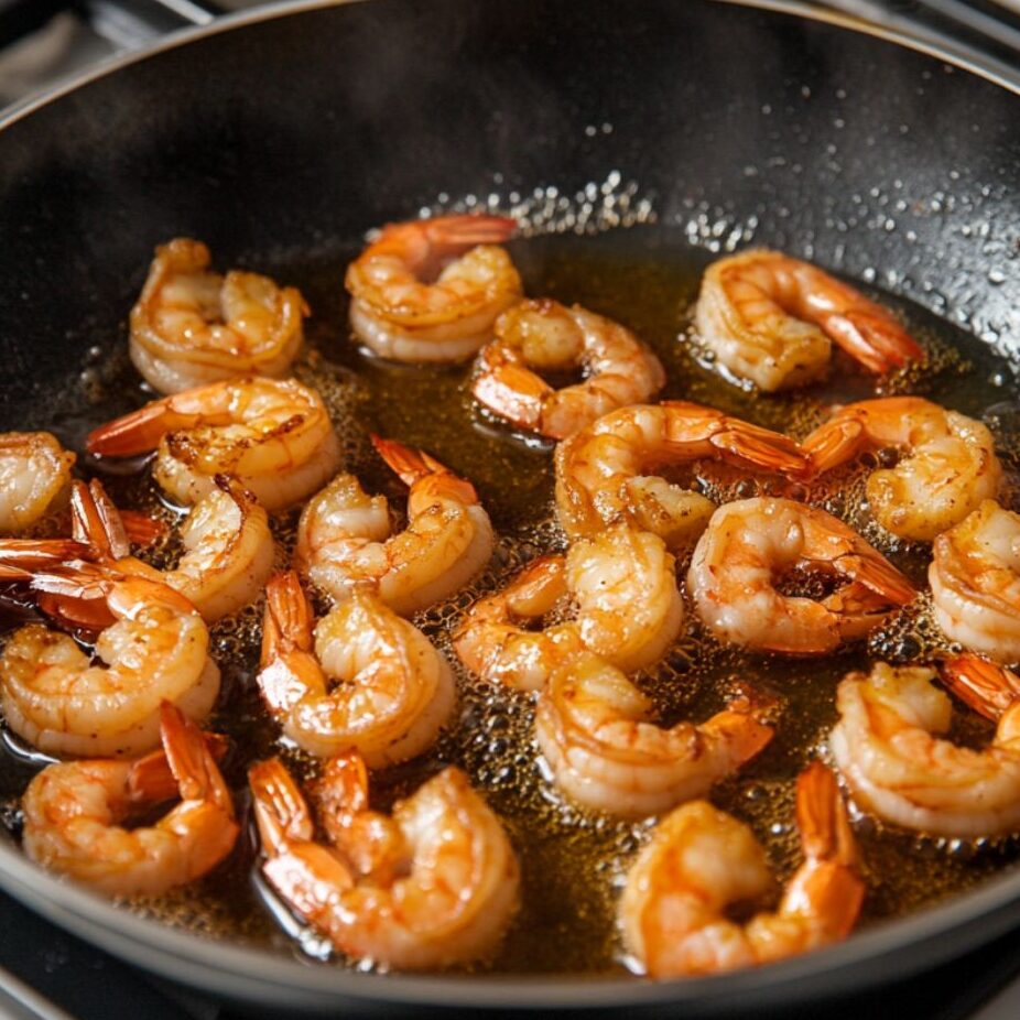 Shrimp searing in a skillet during stir-fry