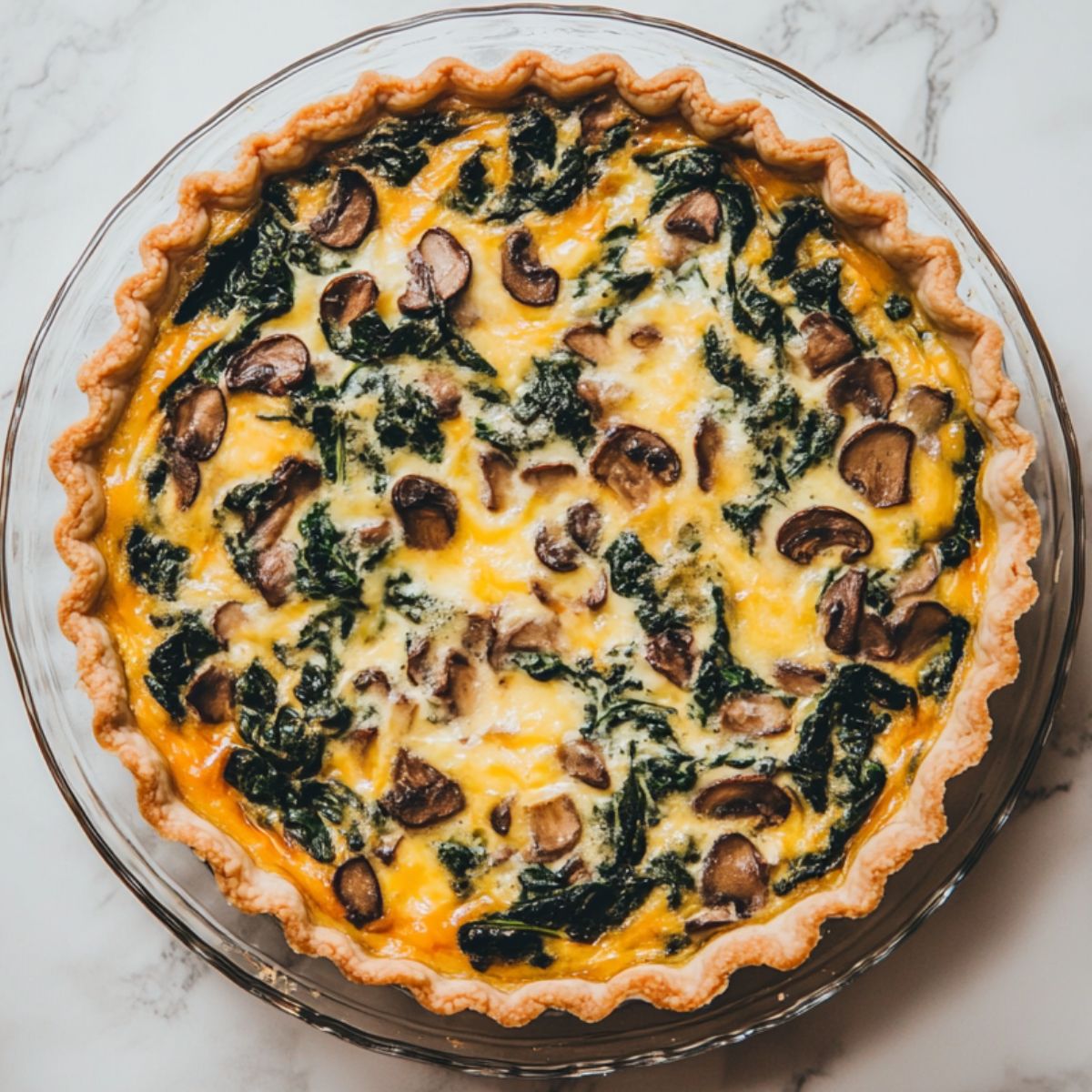Whole baked spinach and mushroom quiche recipe on a white marble counter in a ceramic dish