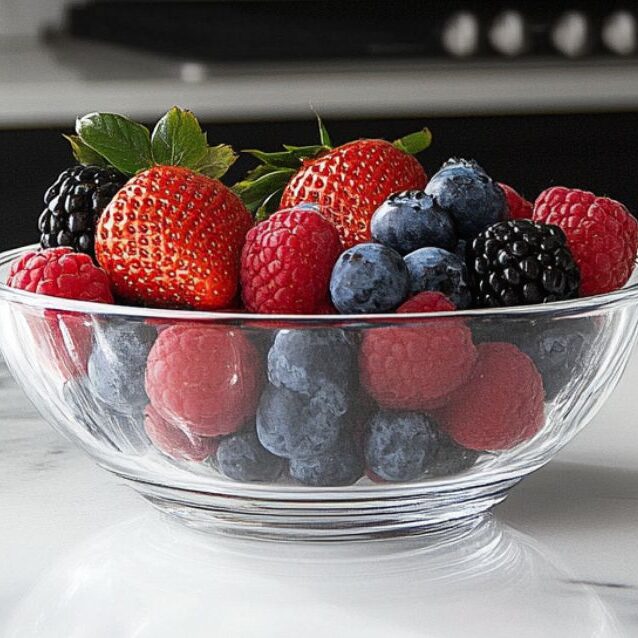 Washing fresh berries on a clean white marble kitchen counter for a berry smoothie.