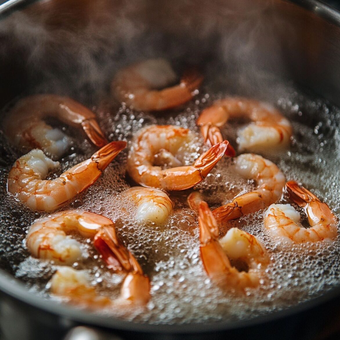 Shrimp boiling in water, turning pink on a stove, homemade kitchen setting.