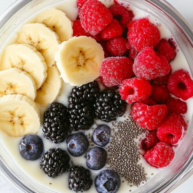 Adding ingredients to a blender for a berry smoothie with a real kitchen setting.